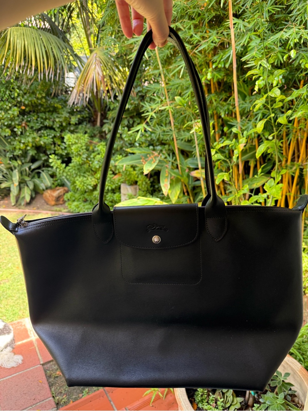 Longchamp Black Leather Tote with Snap Flap